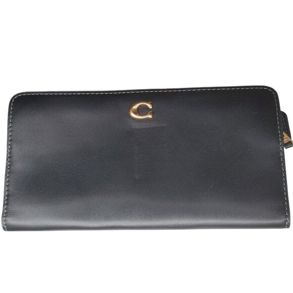 Coach Smooth Skinny Snap Tab Closure Black Leather Wallet Zip Around Logo $248 - Picture 2 of 10